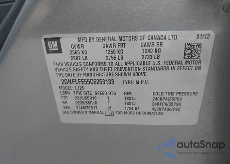 2012 Chevrolet Equinox Ltz z USA, uszkodzony, nr VIN 2GNFLFE55C6253133